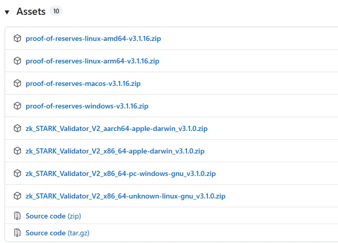 GitHub 发布页的 Assets 列表：proof-of-reserves 的 linux-amd64、linux-arm64、macos、windows 四个压缩包，zk_STARK_Validator_V2 的 apple-darwin、pc-windows、linux 等四个压缩包，以及两份源码