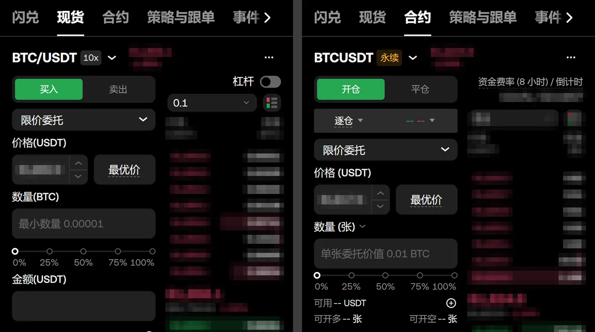 左右两张手机截图对比：左边 BTC/USDT 现货交易页，顶部现货页签高亮，下单区是买入、卖出，数量单位 BTC，右上角有杠杆开关；右边 BTCUSDT 永续合约页，顶部合约页签高亮，名字旁有永续标签，下单区是开仓、平仓，数量单位是张，右上角写着资金费率和倒计时