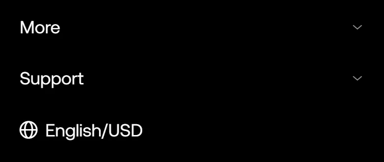 欧易手机网页菜单的最后几行：More、Support，以及前面带地球图标的 English/USD 一行