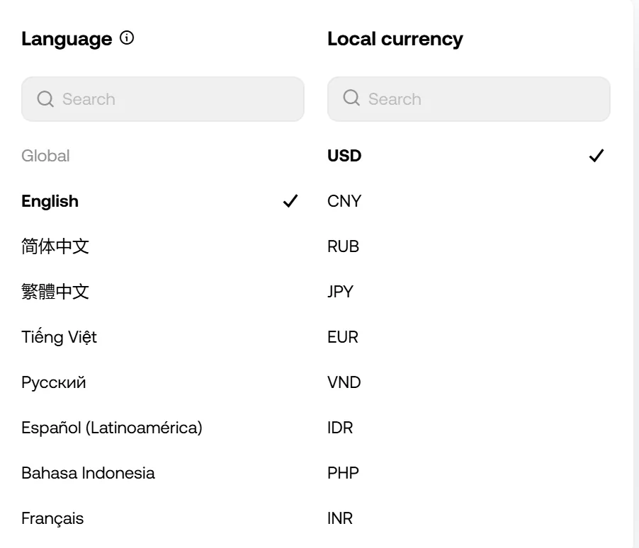 欧易电脑网页地球图标弹出的下拉：左栏 Language 里 English 打勾、下面是简体中文，右栏 Local currency 里 USD 打勾、下面是 CNY